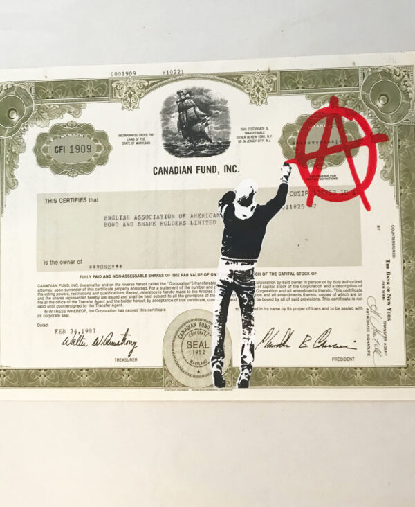 Anarchist- Stencil on Vintage share certificate
