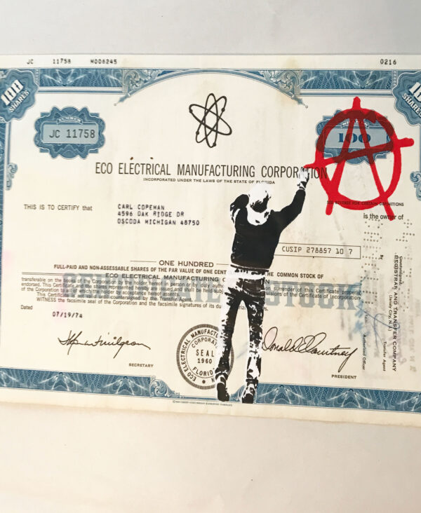 Anarchist- Stencil on Vintage share certificate