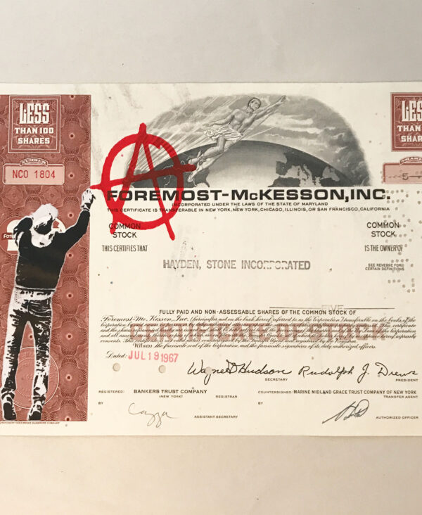 Anarchist- Stencil on Vintage share certificate