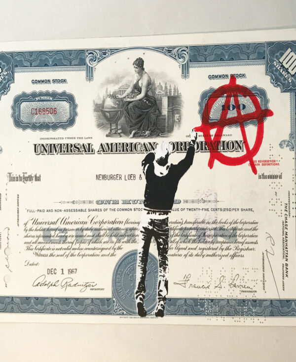 Anarchist- Stencil on Vintage share certificate